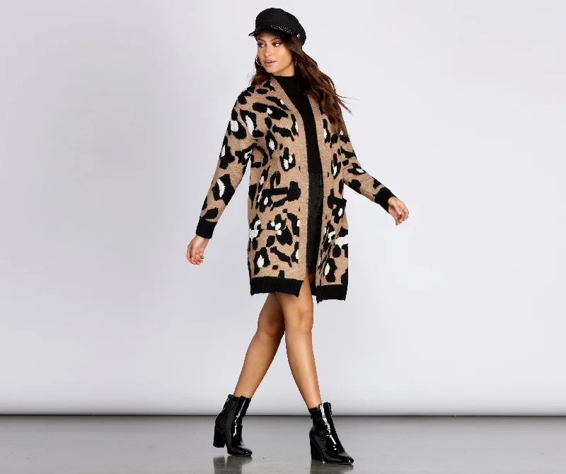 Elegant SweatersLong-Line Leopard Cardigan