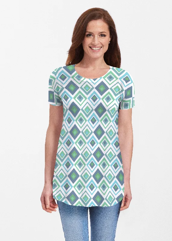 women's tops with geometric patternsCubed Blue (7807) ~ Butterknit Short Sleeve Tunic