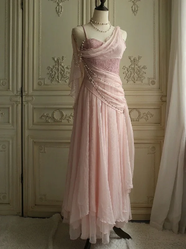 two-piece prom dressesVintage Pink One Shoulder Chiffon Evening Dress A Line Prom Dress Y7791