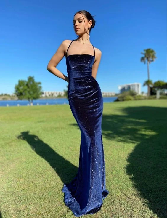 prom dress style guidesVintage Spaghetti Straps Navy Blue Velvet Long Mermaid Prom Dress Evening Dress Y7829