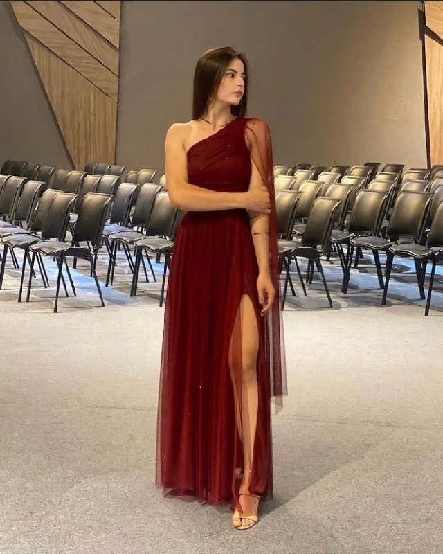 satin prom dressesPretty Burgundy One Shoulder Tulle Sequins Evening Gown Slit Prom Dress Y7826