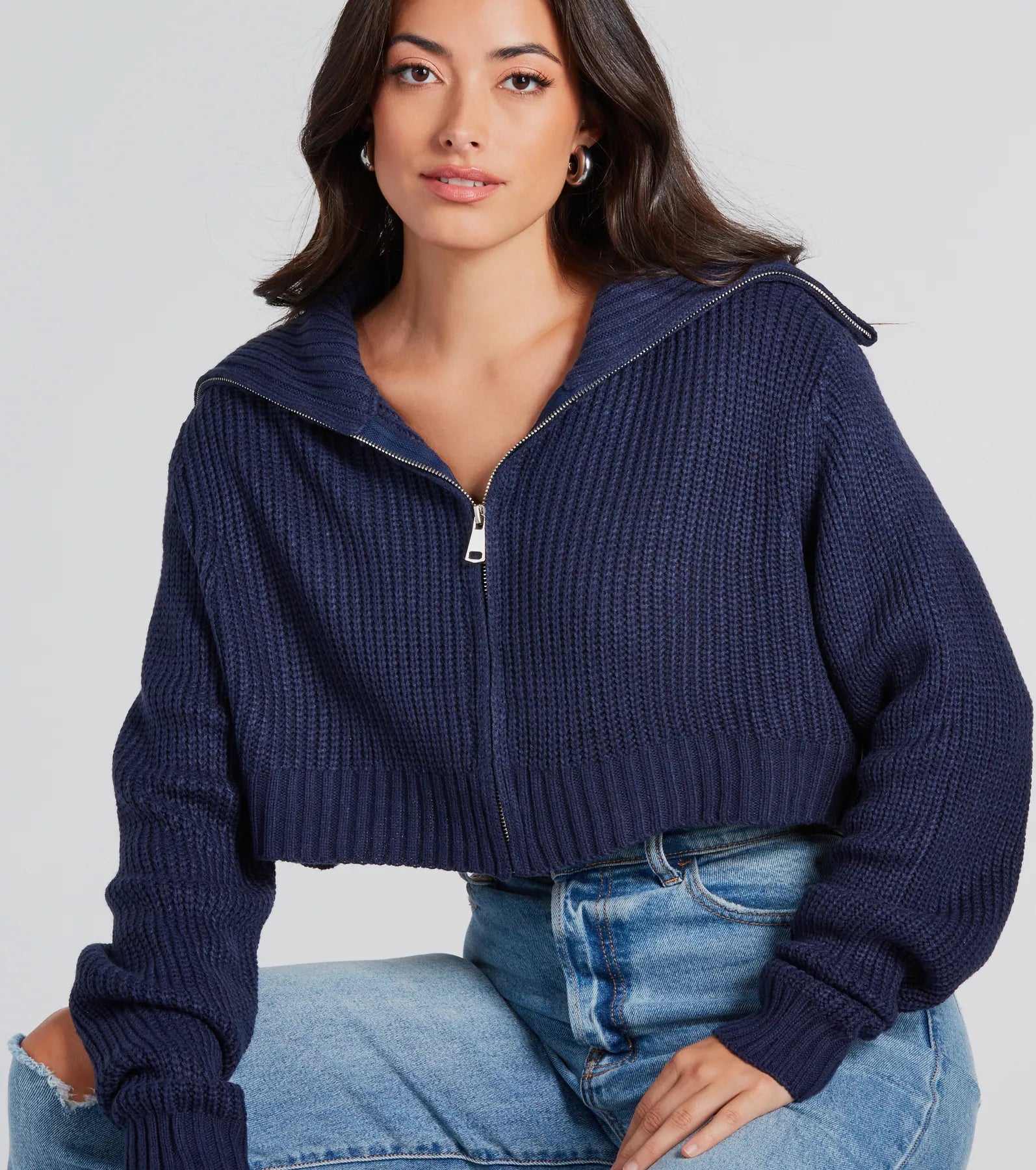 Oversized SweatersCasually Classic Collared Zip-Front Sweater