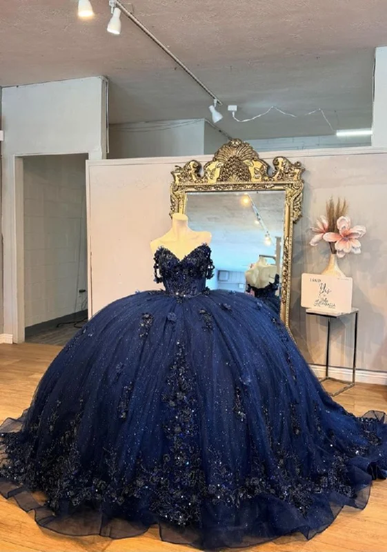 prom dresses for springBeautiful Navy Blue Tulle Appliques Prom Dress Shiny Birthday Ball Gown Y7837