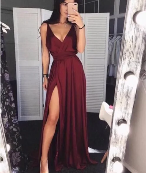 long prom dressesSimple Burgundy V-Neck Satin Prom Dress,Long Evening Dress With Split  S6547