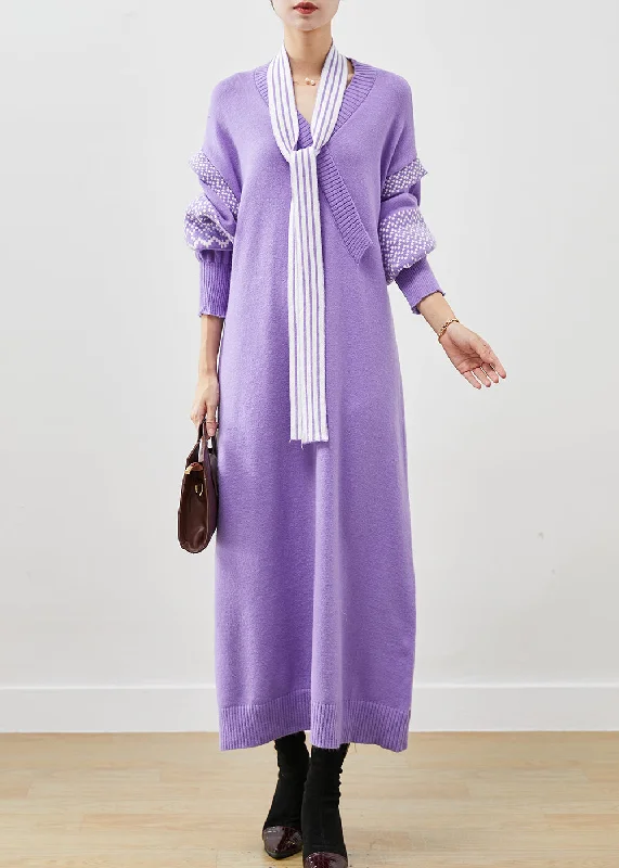 Retro Stylish Flannel SweatersClassy Purple V Neck Patchwork Knit Long Sweater Lantern Sleeve