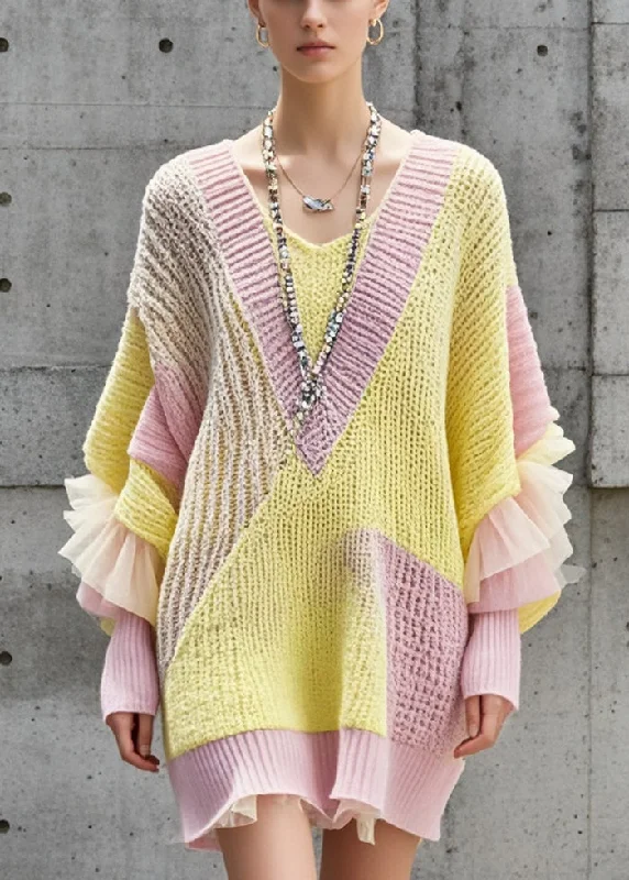 Flannel Knitted Crewneck SweatersBeautiful Colorblock Oversized Patchwork Long Sweater Batwing Sleeve