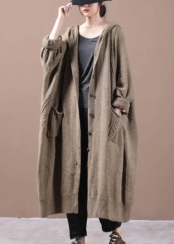 Fashionable Luxurious Chunky SweatersWomen Khaki Button Pockets Fall Long Cardigans Coat