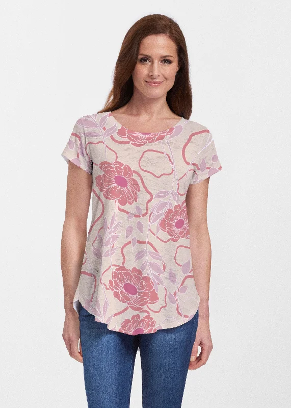 women's tops with asymmetrical designsClarisse Beige/Red (8127) ~ Short Sleeve Scoop Neck Flowy Tunic