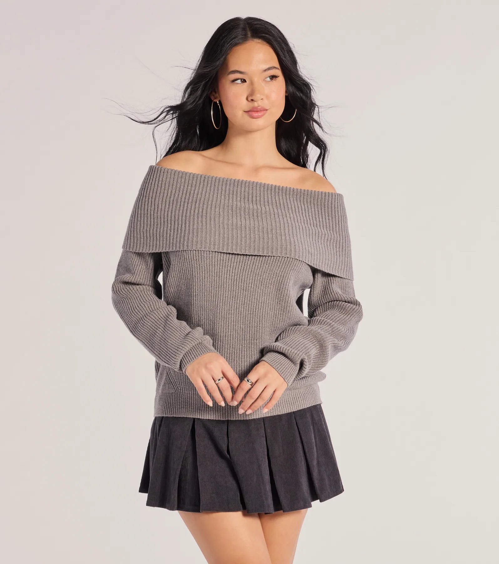 Flannel Patterned Cashmere SweatersCozy Factor Ribbed Knit Off-The-Shoulder Sweater