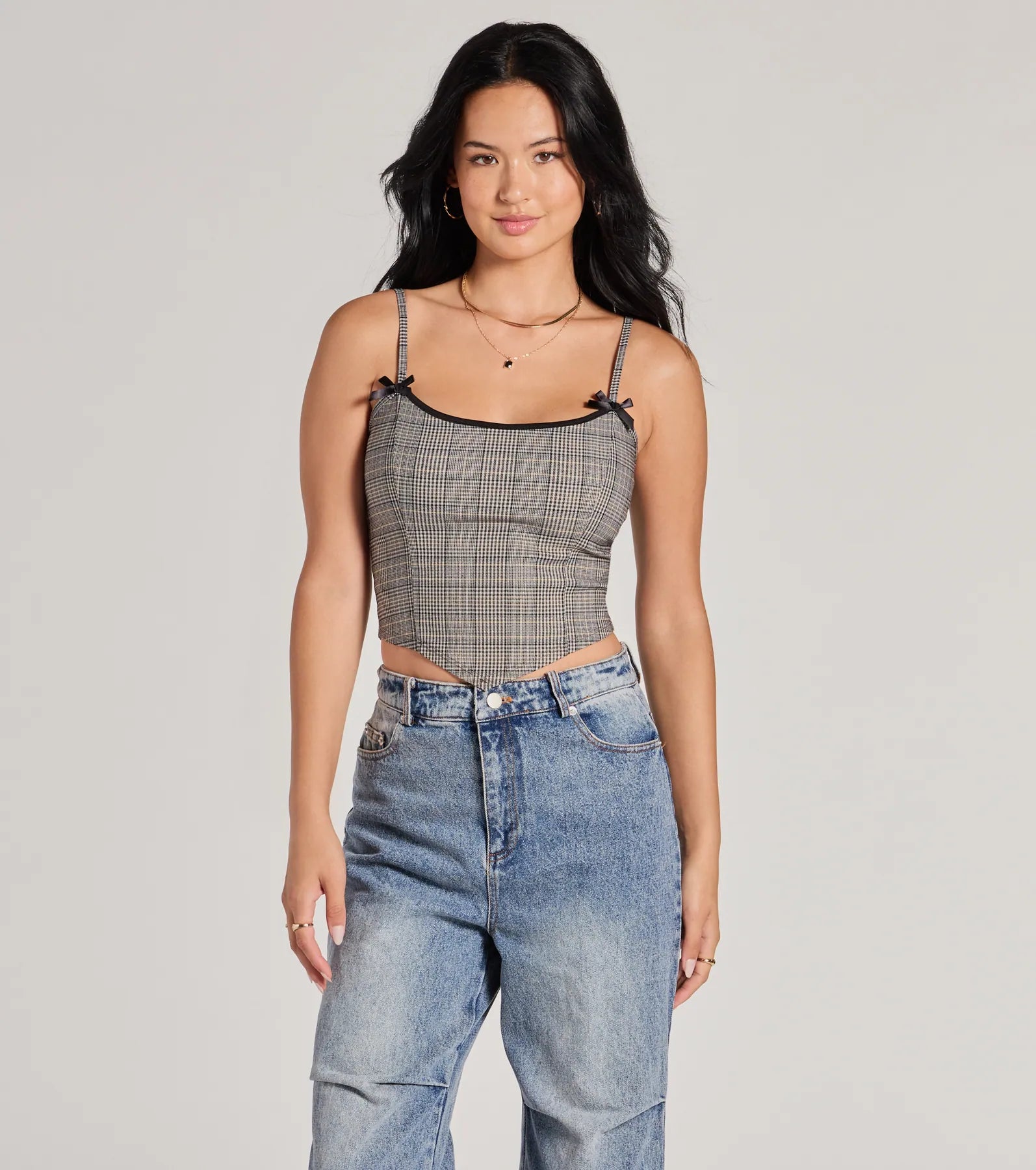 women's tops with asymmetrical designsPreppy Vibe Lace-Up Plaid Corset Top