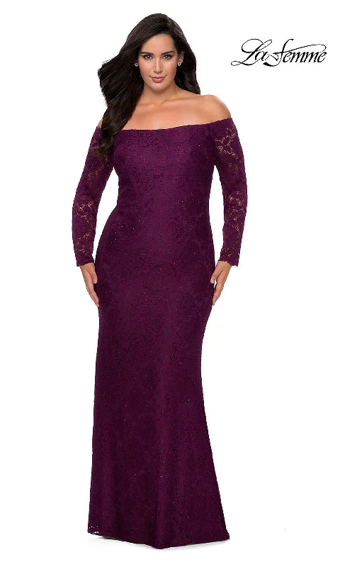 prom dresses with sheer overlaysPlus-Size Long Sleeve Lace La Femme Prom Dress