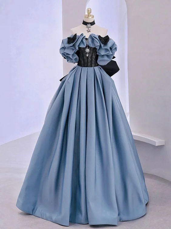 prom dress preservationBlue Satin Lace Long Prom Dress, Off Shoulder Evening Dress Y5621