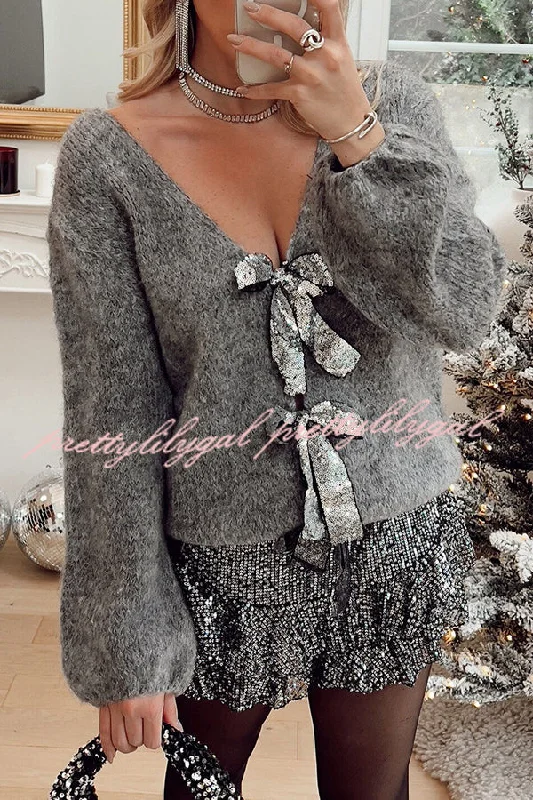 Colorful SweatersMisty Starlight Tie Front Sequin Bow Loose Sweater