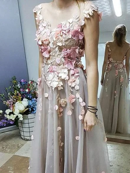 prom dresses with floral embroideryChic A-line Scoop Floral Prom Dress Floor Length Prom Dresses Applique Evening Dresses  S15604