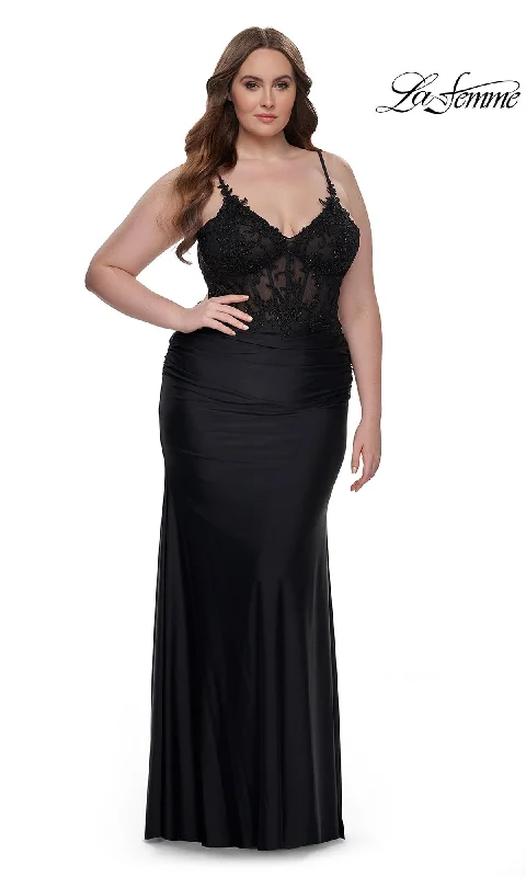 off-shoulder prom dressesLa Femme Plus-Size Long Black Prom Dress 32226