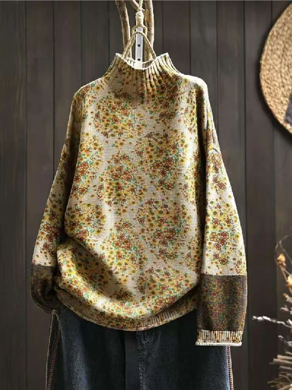 Knitted Crewneck SweatersWomen's Autumn and Winter Retro Half-Turtle Collar Printed Sweater