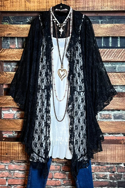 Extra-Large SweatersDancing Through Life Lace Duster Cardigan in Black