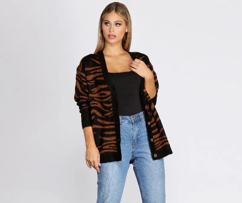 Quick-Dry Wool SweatersButtoned Zebra Print Cardigan