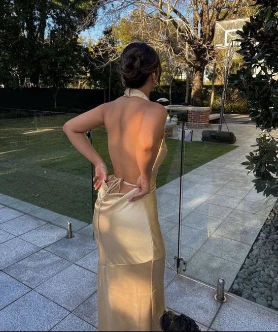 cap sleeve prom dressesChampagne Gold Halter Backless Mermaid Long Prom Dress  Y7427