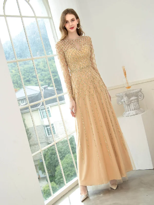 modern prom dressesA-line Beaded Luxurious Fashion Formal Evening Dresses Long Sleeve Floor Length Prom Dresses