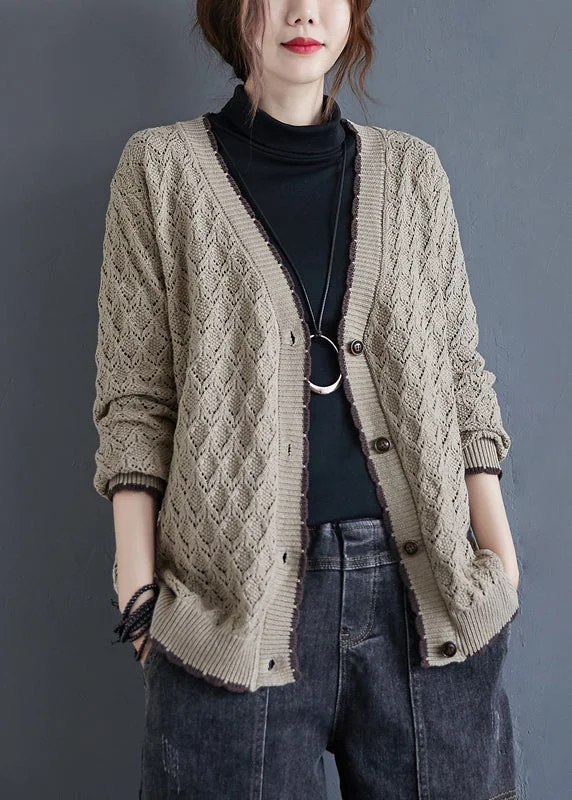 Turtle-Neck Wool SweatersLoose Khaki V Neck Hollow Out Button Knit Cardigan Fall