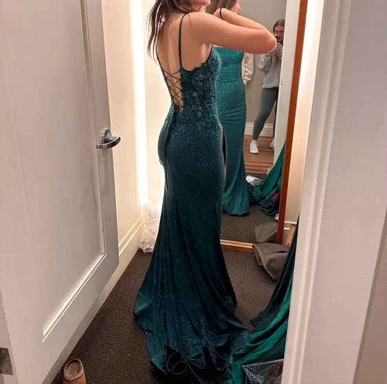 satin prom dressesGreen Mermaid Long Prom Dress Lace-up Back Y7357