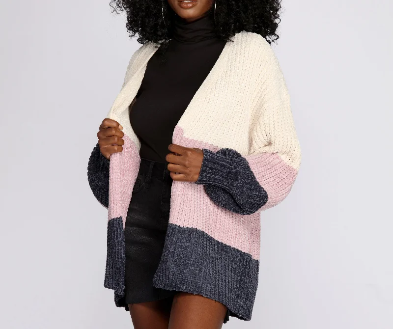 Cozy Custom Embellished SweatersColorblock Chenille Cardigan