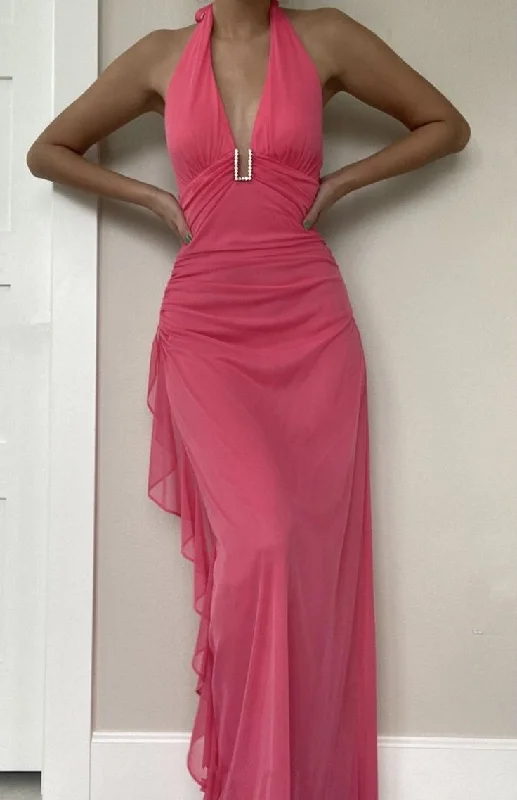 thigh-high slit prom dressesCharming Pink Chiffon Ruffles Evening Dress V Neck Prom Dress Y7783