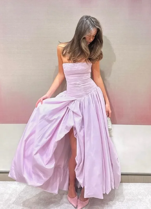 budget-friendly prom dressesPink Strapless Pleated Slit Evening Dress Long Satin Prom Dress Y7978