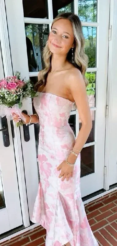 prom dress accessoriesSweet Pink Satin Print Floral Evening Dress Mermaid Prom Dress Y7828