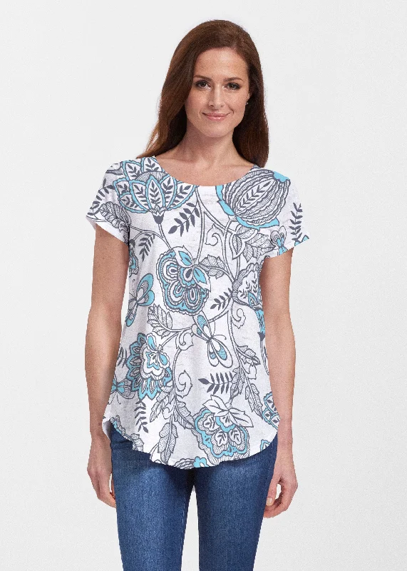 women's tops with ruffled hemsNamaste Floral (13366) ~ Signature Short Sleeve Scoop Neck Flowy Tunic