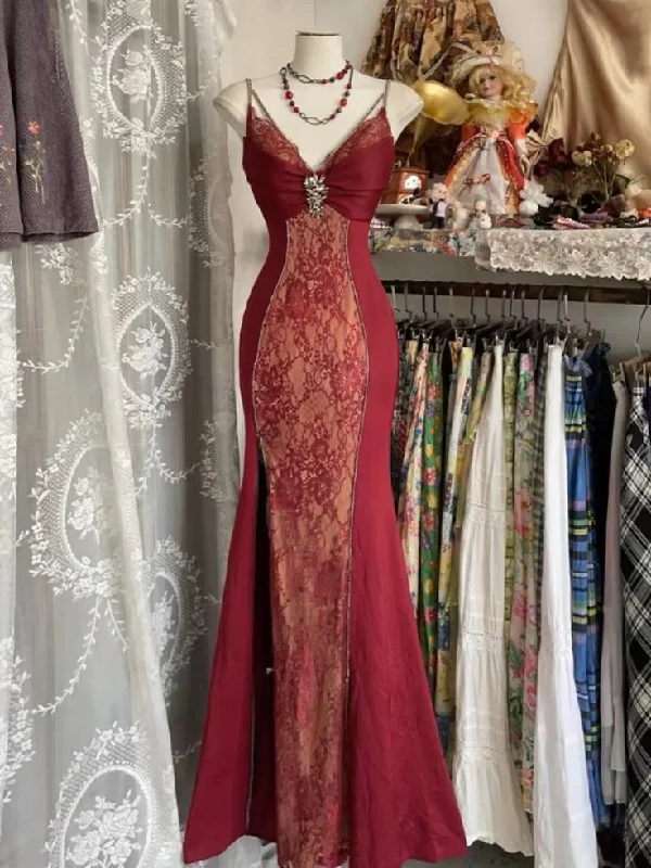 prom dresses with sheer overlaysCharming Burgundy Lace Mermaid Evening Dress Straps Prom Dress Y7685