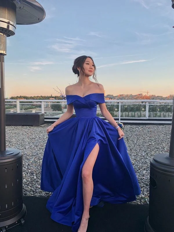 flutter sleeve prom dressesPretty Royal Blue Prom Dress,Satin A-Line Off Shoulder Evening Dress Y7643