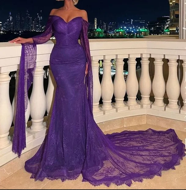 illusion neckline prom dressesElegant Off The Shoulder Purple Lace Mermaid Prom Dress Long Evening Dress Y7696