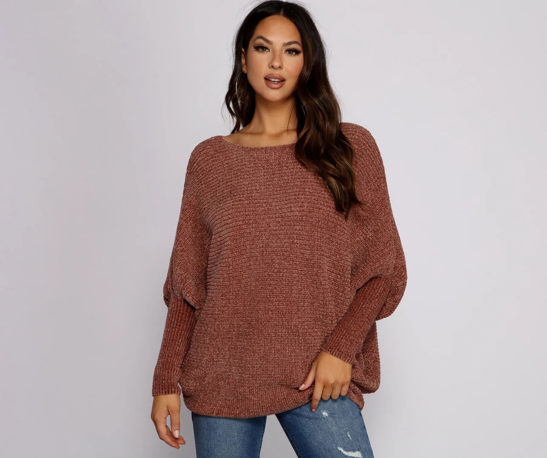 Fitted High-Quality Wool SweatersChenille Knit Dolman Sleeve Sweater