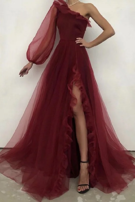 prom dresses for pear shapesBurgundy tulle prom dress one shoulder evening dress S17925