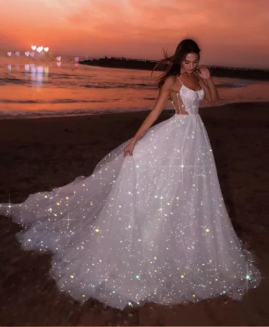 prom dresses with sequin detailingGlitter White Sequin Tulle Prom Evening Dress, A-line Sleeveless Beach Long Wedding Gown Y8011