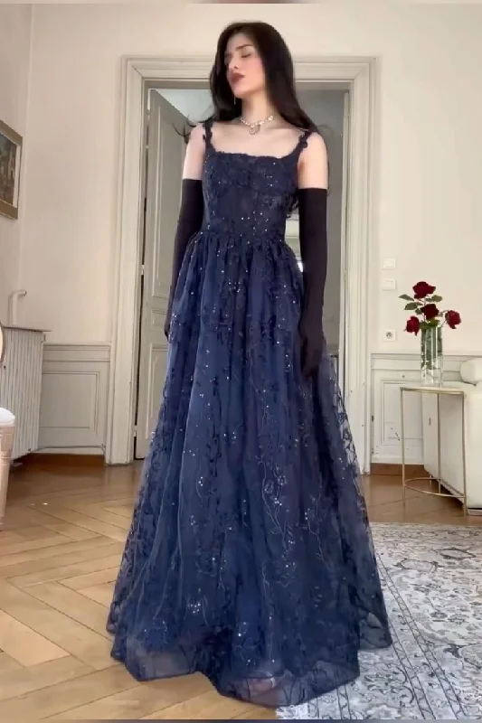 prom dress try-on ideasNavy Blue A Line Lace Appliques Prom Dress Elegant   Evening Gown Y7830