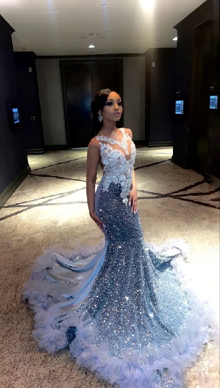 glamorous prom dressesLuxurious Blue Sequins Satin Splicing Mermaid Prom Dress Evening Dress With Appliques Y7879