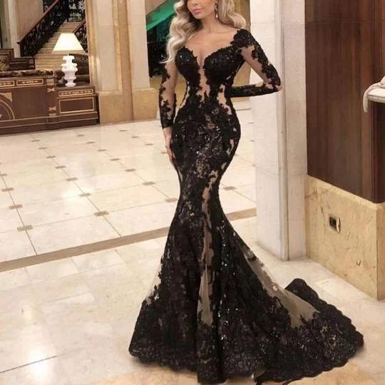 sweetheart neckline prom dressesmodest black prom dresses long sleeve lace appliqué elegant evening gown formal dresses S11019