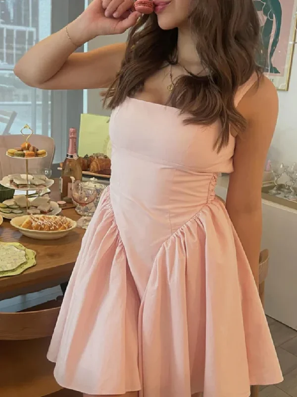 open-back prom dressesSimple Pink Satin Short Prom Dress, Open Back Homecoming Dress Y7850