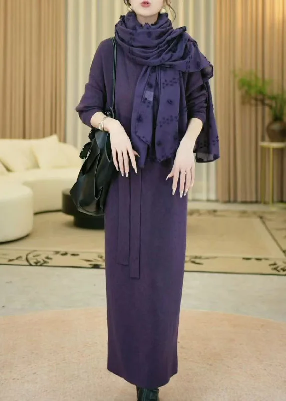 High-Neck SweatersElegant Purple V Neck Cozy Knit Long Sweater Winter