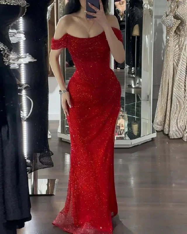 bespoke prom dressesShiny Off Shoulder Sequins Red Prom Dress Evening Dress With Side Slit  Y7805