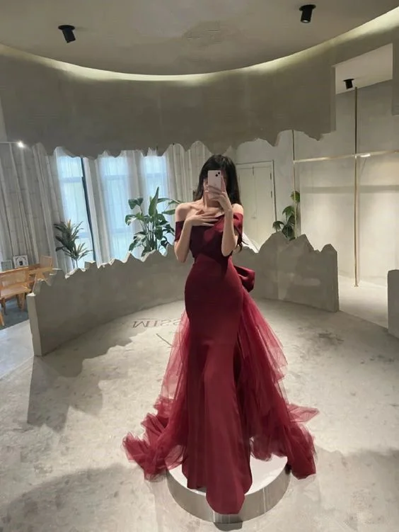 prom dresses for apple shapesMermaid Off Shoulder Evening Dress with Bow Burgundy Prom Dress Y7181