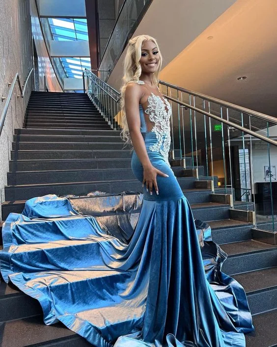 prom dress try-on ideasBaby Blue Mermaid Lace African Prom Dress Evening Dress Y4253