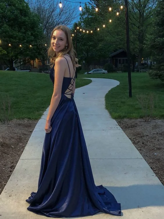 prom dresses for hourglass figuresA-line Backless Prom Dress,Navy Blue Graduation Dress  Y7449