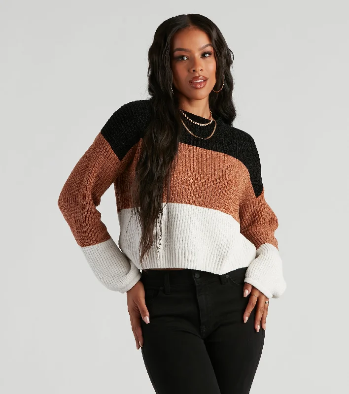 Knitted Crewneck SweatersReal Sweet Color Block Chenille Sweater