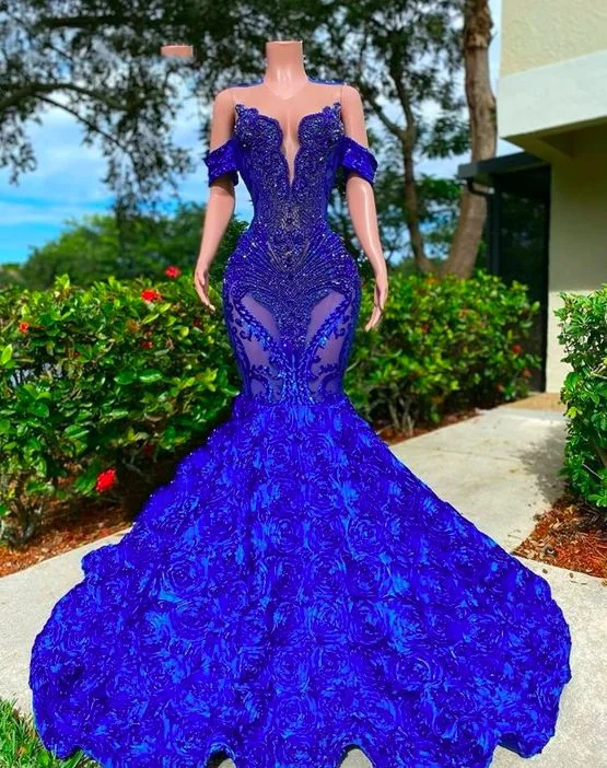 prom dresses with beaded accentsLuxury Royal Blue Ruched Flowers Prom Dresses For Black Girls Off The Shoulder Mermaid Evening Gowns Ruched Flowers  Y6642