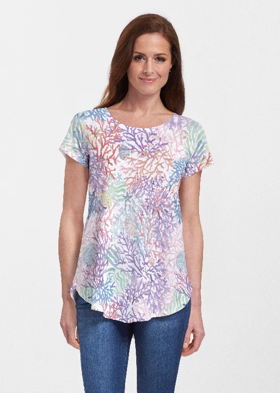 women's tops for picnics in the parkTropic Coral (8112) ~ Short Sleeve Scoop Neck Flowy Tunic