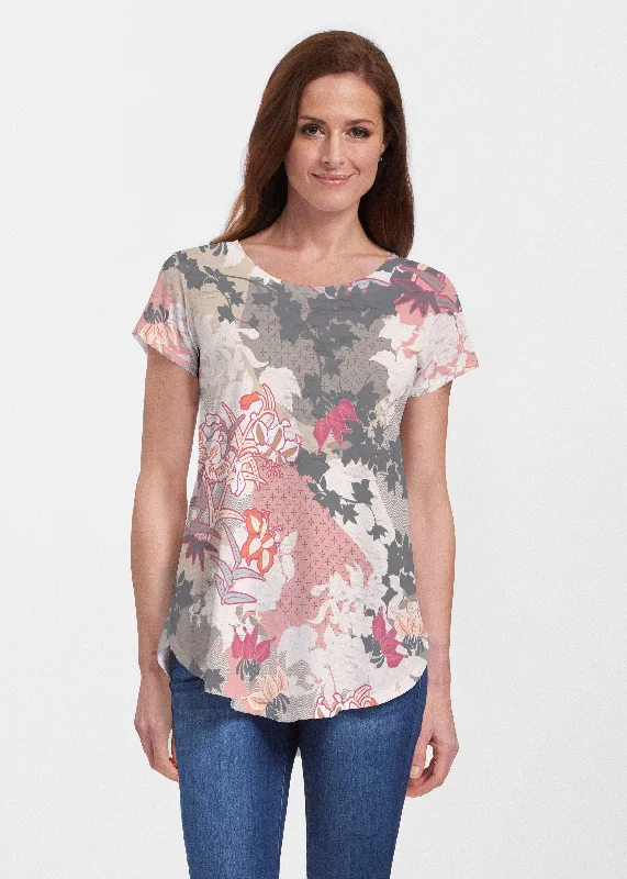 women's tops for those who want to make a fashion statementOriental Floral Grey (7876) ~ Short Sleeve Scoop Neck Flowy Tunic